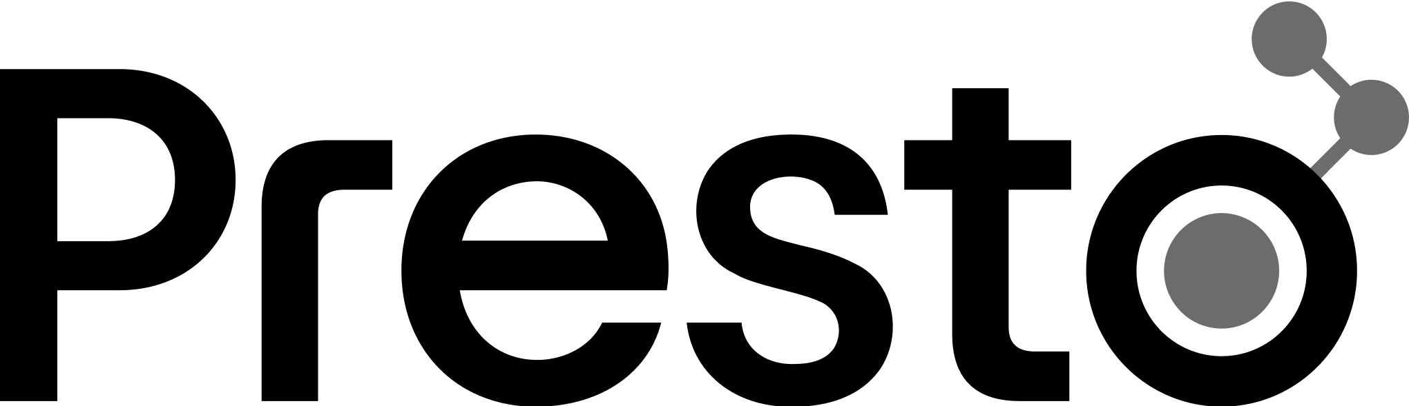 Presto software logo with stylized text and three connected dots forming a triangular shape on the right.
